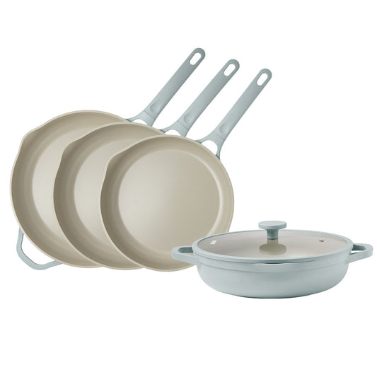 NOOK by Baccarat 4 Piece Cookware Set Sky arranged on a solid white background.