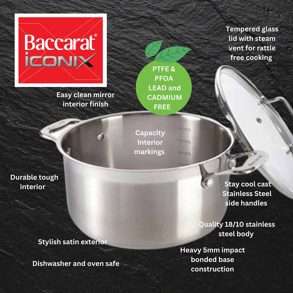A set of polished stainless steel cookware with fresh vegetables on a wooden board - Baccarat Iconix