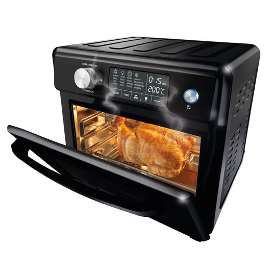 Black toaster oven with digital display showing a roasted chicken inside on a white background