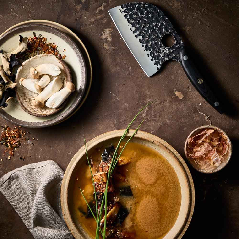 Baccarat KUROI KIBA Moon Knife 12.5cm next to miso soup at Baccarat