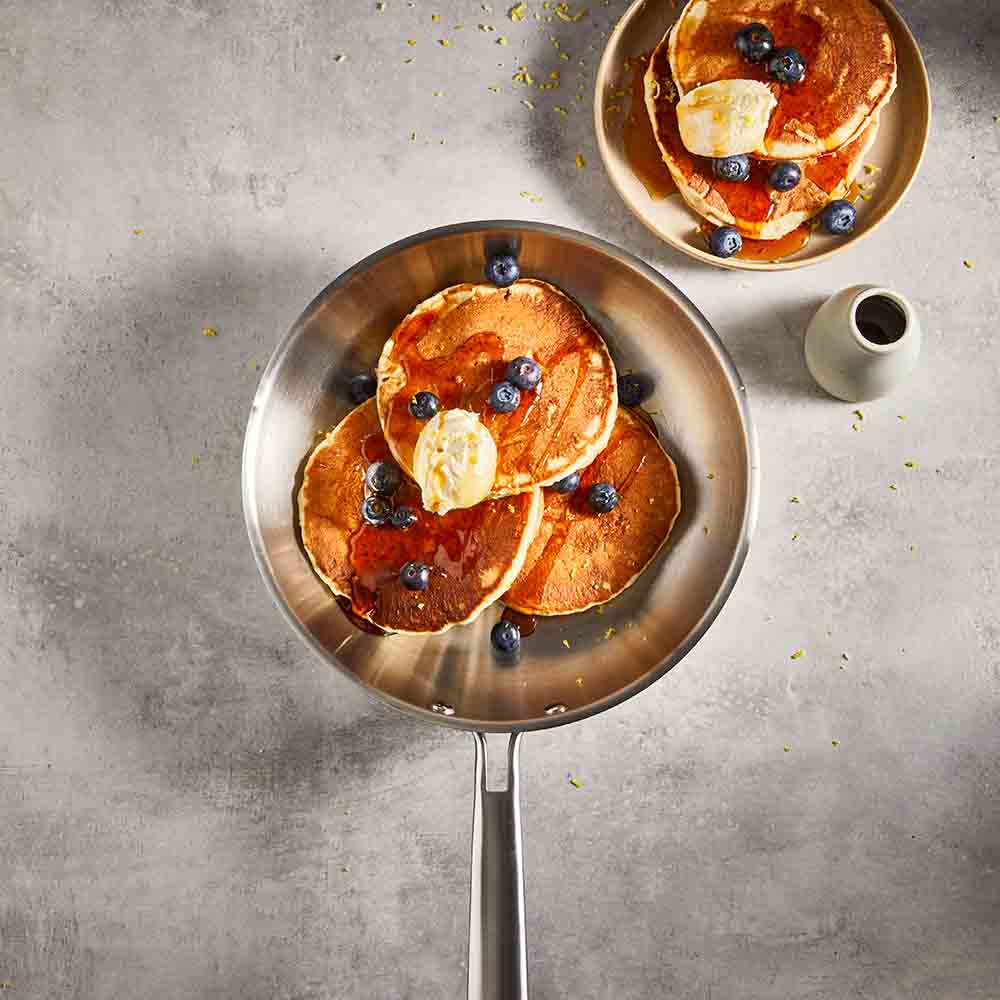 Baccarat Gourmet Stainless Steel Frypan 24cm with pancakes, blueberries and ice cream at Baccarat