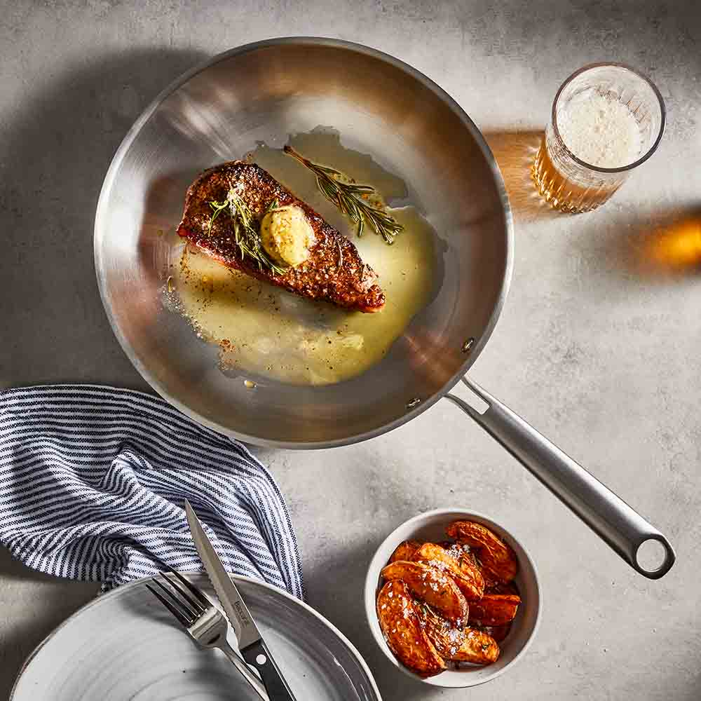 Baccarat Gourmet Stainless Steel Frypan 28cm with crispy skin fish fillet at Baccarat