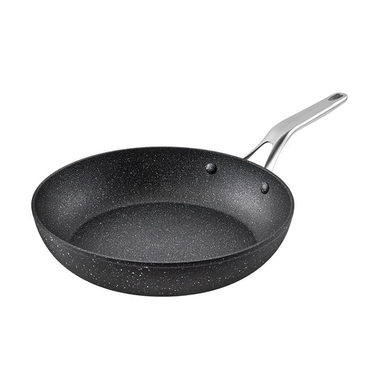 Black speckled frying pan 28 cm with a silver handle on a white background