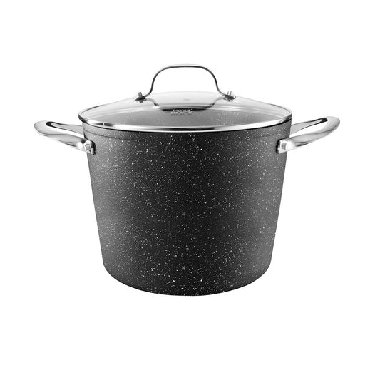 Black speckled cookware pot with lid on a white background