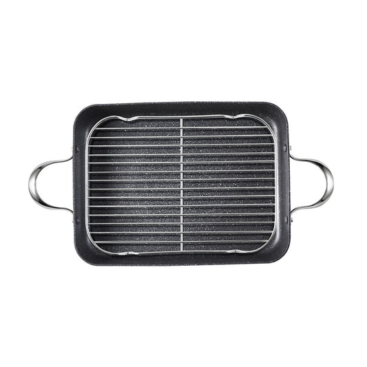 Black rectangular grill pan with handles on a white background