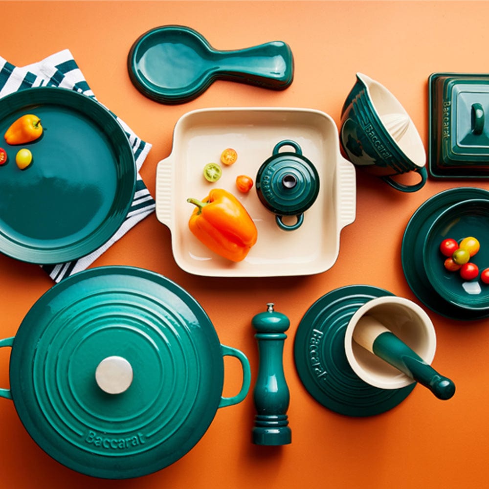 Baccarat Le Connoisseur salt and pepper grinder teal on an orange background - Baccarat
