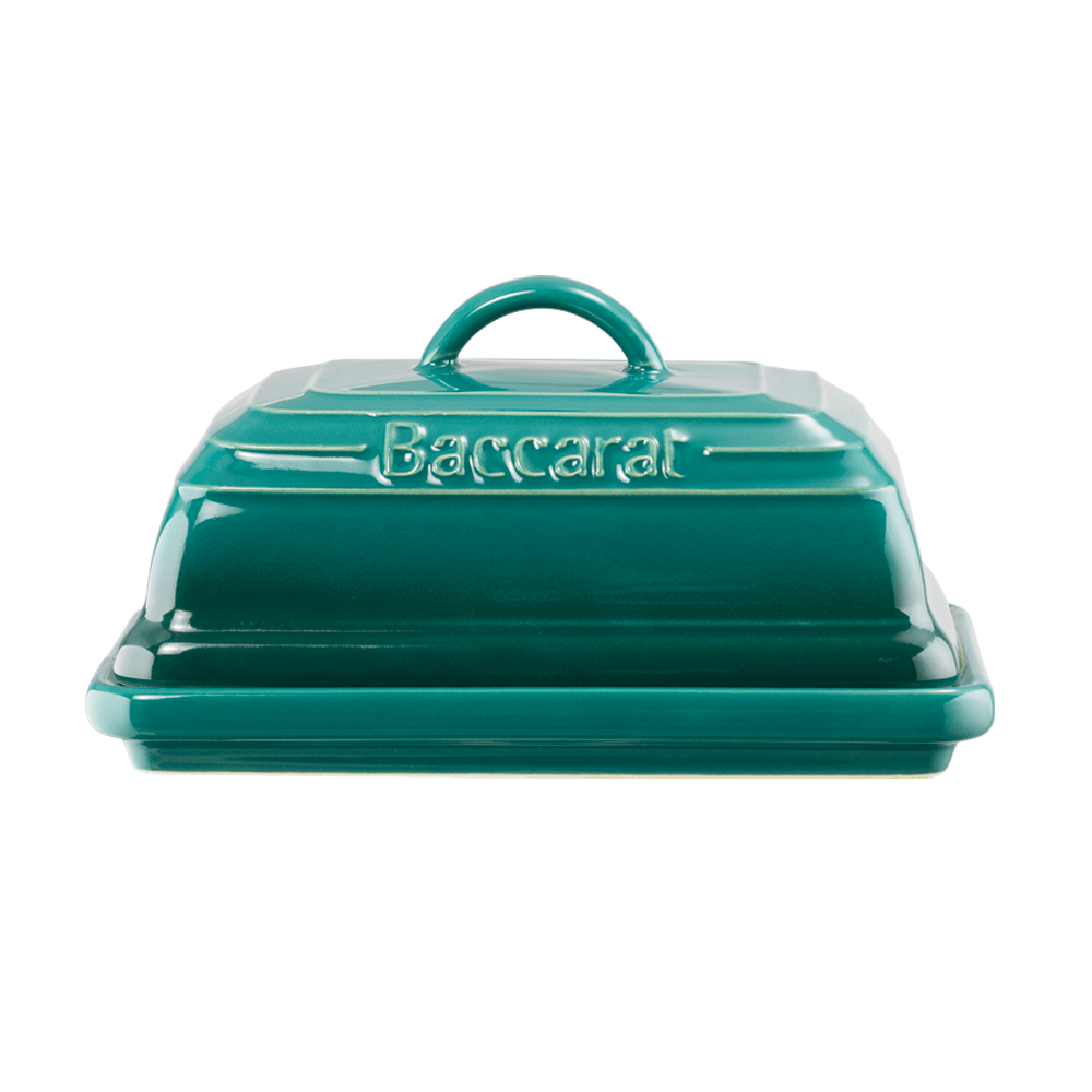 A teal butter dish on a white table with bread and a mug - Baccarat Le Connoisseur Stoneware