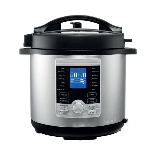 Aerial view of open black lid and stainless steel body - stew in a digital multicooker - Baccarat