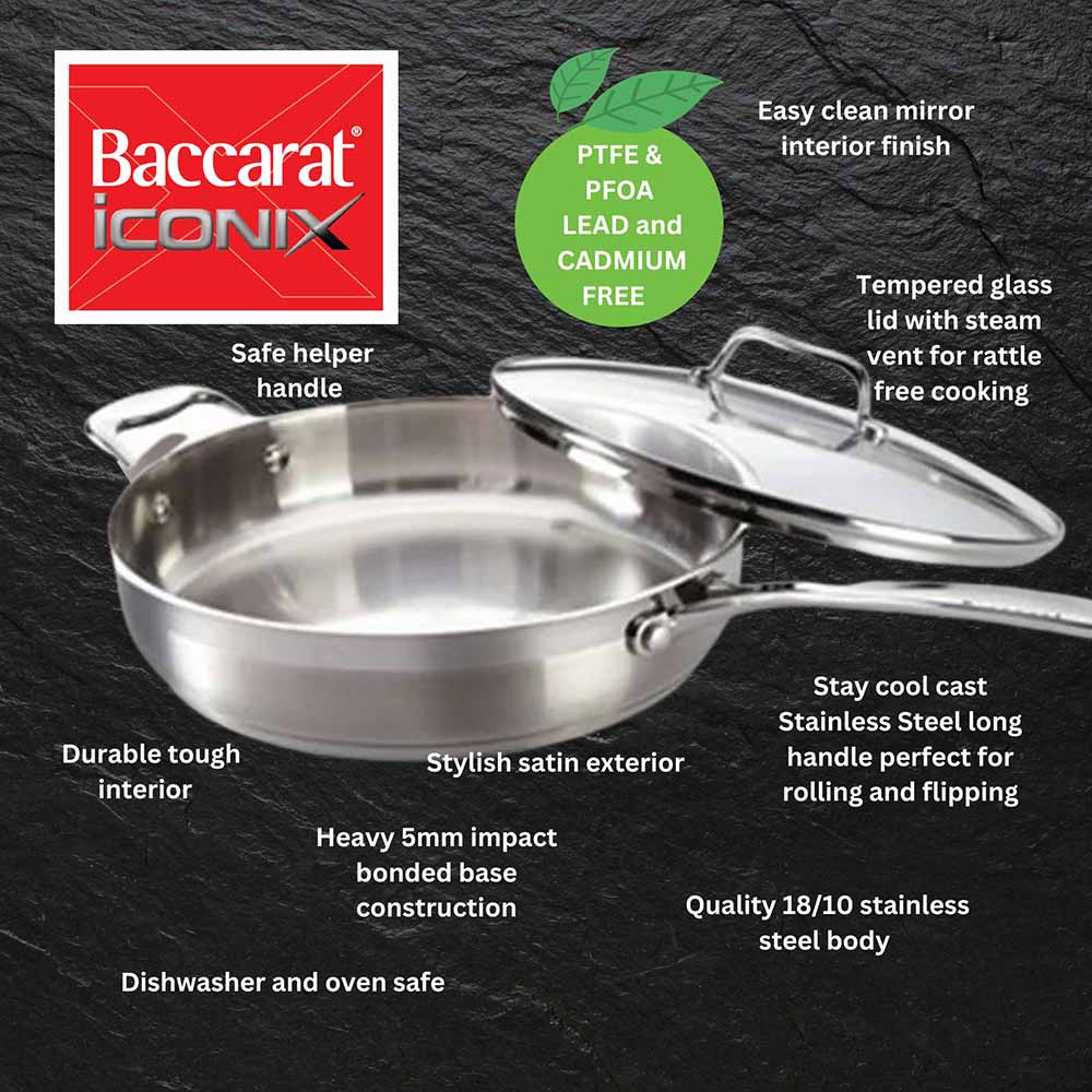 A sleek sauté pan with a glass lid that gleams in the light - silver cookware - Baccarat iconix