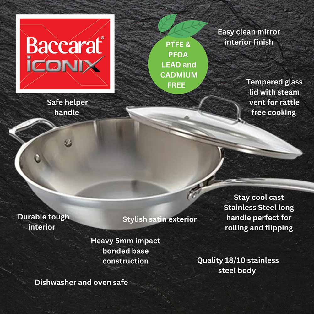 Stainless steel wok with lid and helper handle for efficient cooking in kitchen - Baccarat